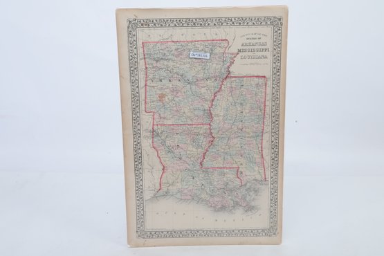 1874 COUNTY MAP OF ARKANSAS, MISSISSIPPI & LOUISIANA, DRAWN & ENGRAVED BY W.H. GAMBLE