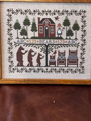 Framed Vintage Needlepoint Sampler Of 'The Three Bears'